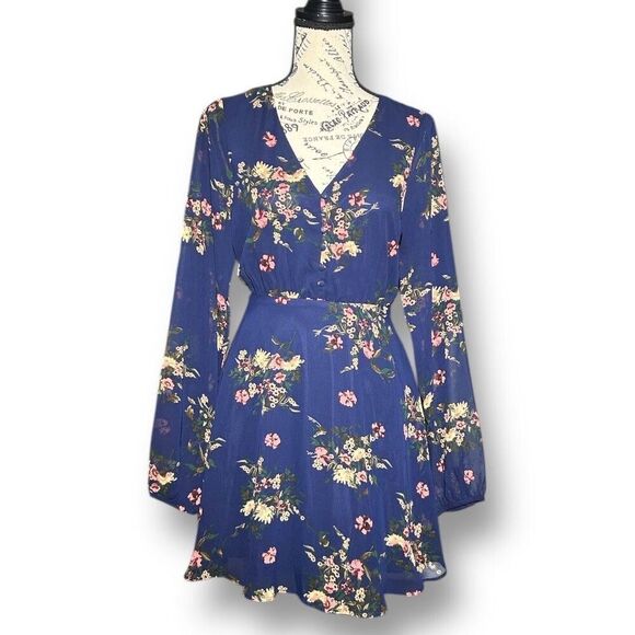 Lulus S Navy Floral Chiffon Long Sleeve Mini Dress Boho Cocktail Wedding Guest - Picture 2 of 9